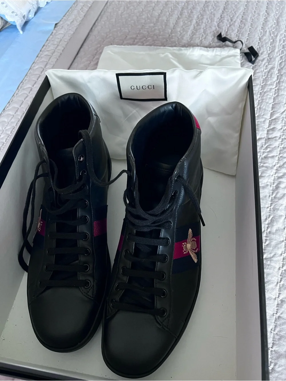 Gucci Ace Black Leather High-Top Sneakers with Red and Navy Stripe